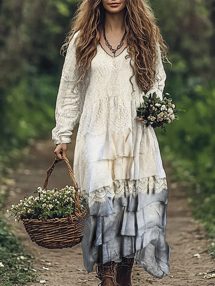 Vintage Floral Lace Layered Flowy Linen Blend Maxi Dress