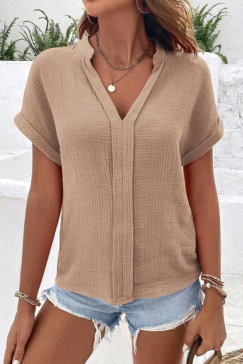 Solid Roll Sleeve Notched Neck Blouse