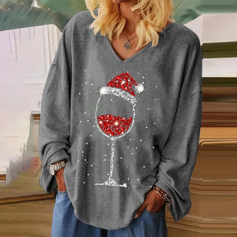 Christmas Hat Wine Glass Printed V-neck Women's T-shirt