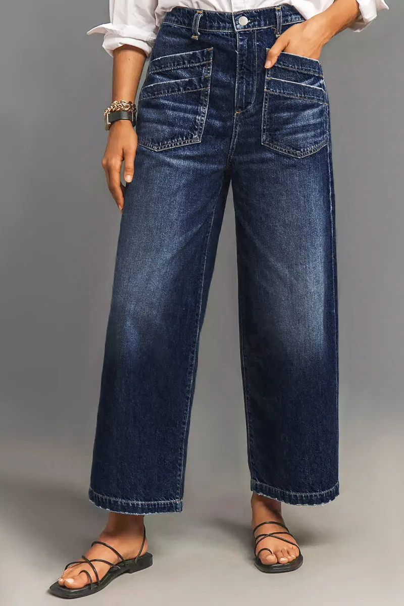 Wash Stitch Detail Raw Hem Wide Leg Mid Rise Jeans