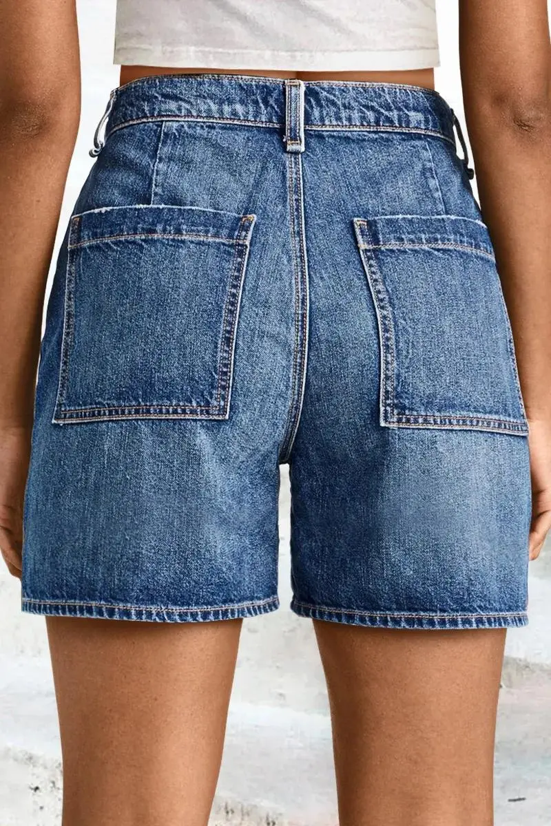 Wash Stitch Detail Layered Pocket High Waist Denim Mid Thigh Shorts