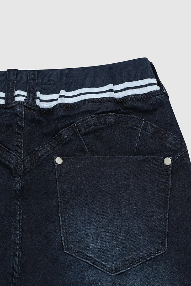 Wash Contrast Binding Double Button Drawstring Mid Waist Capri Jeans