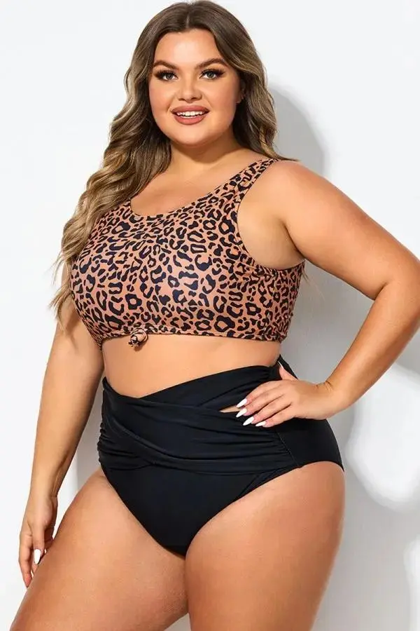 Leopard Print Scoop Neck Front Women Bikini Top