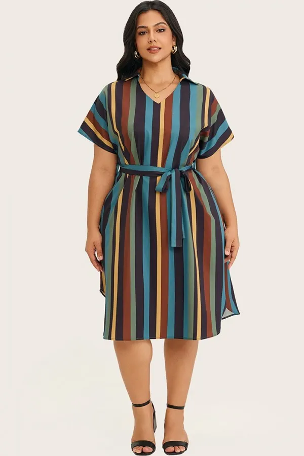 Striped Block Dolman Sleeve Belted Midi Dress