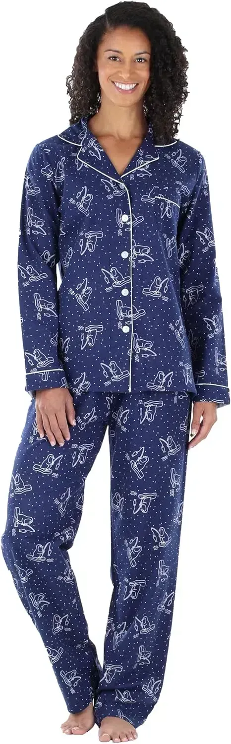 Women's Cotton Flannel Long Sleeve Button-Down Pajamas PJ Set