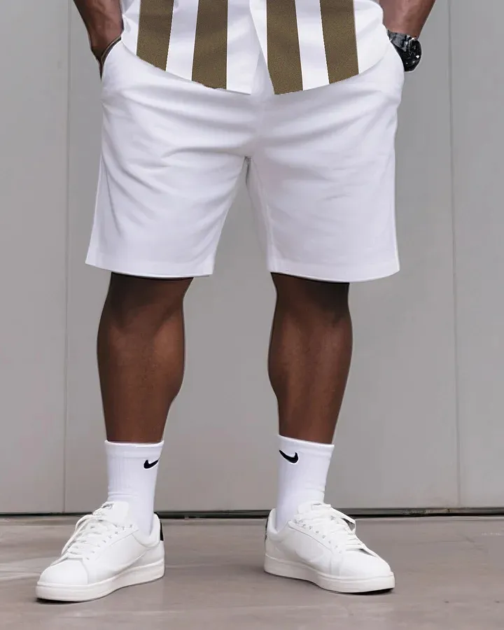 Big & Tall Men'S Daily Casual Khaki Striped Shirt Shorts Suit