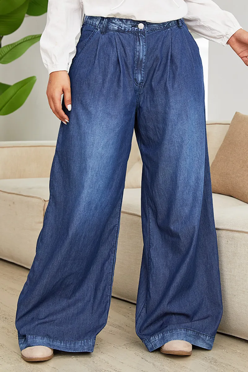 Wash Pleated Detail Wide Leg Mid Rise Jeans