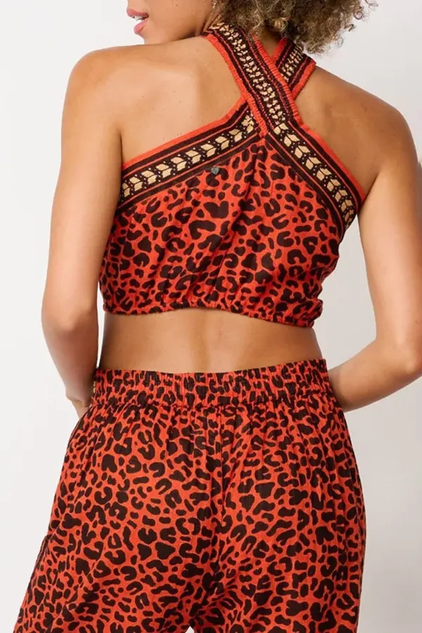 Red And Black Leopard Print Halter Crop Top