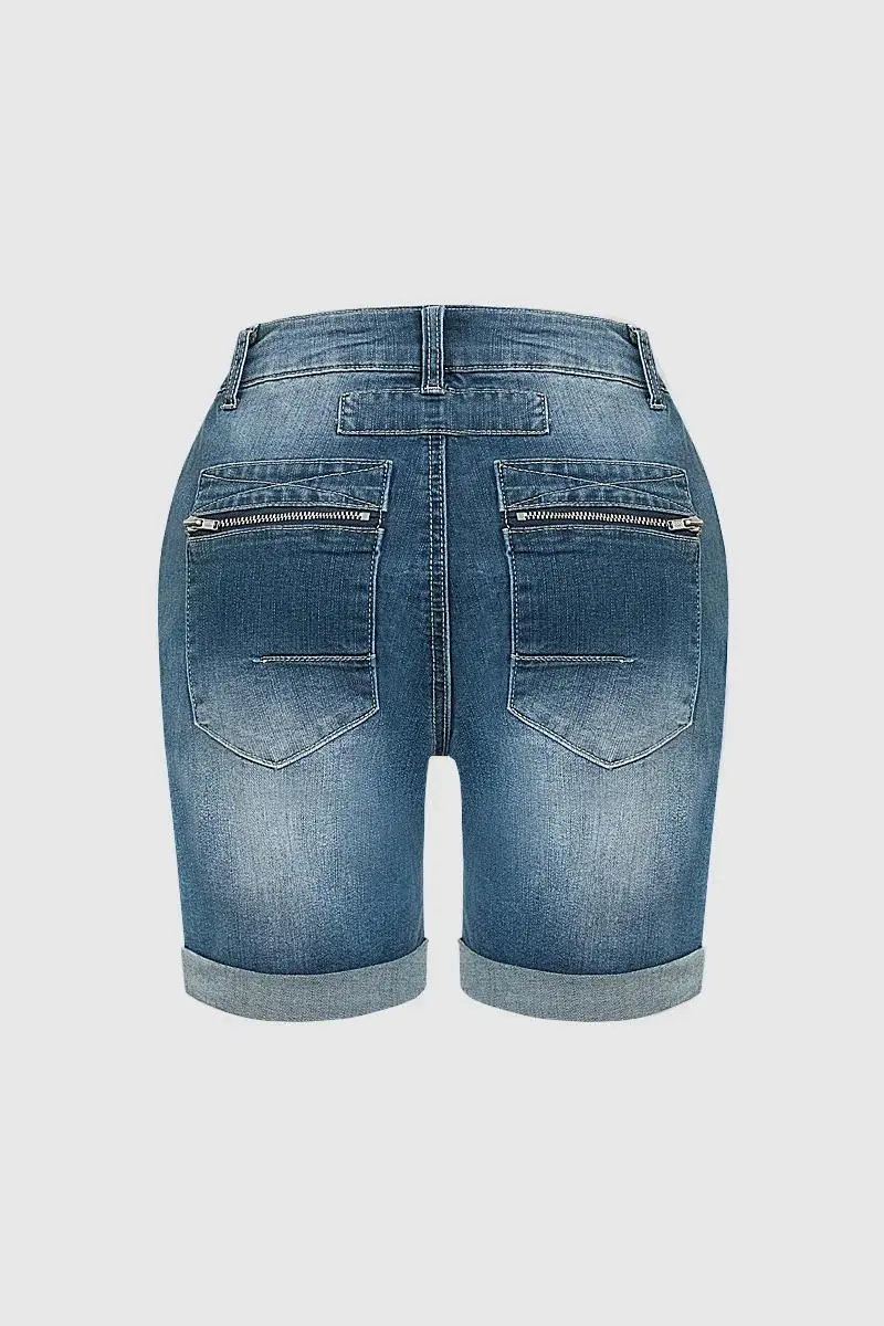 Roll Hem Button Up Mid Rise Denim Mid Thigh Shorts