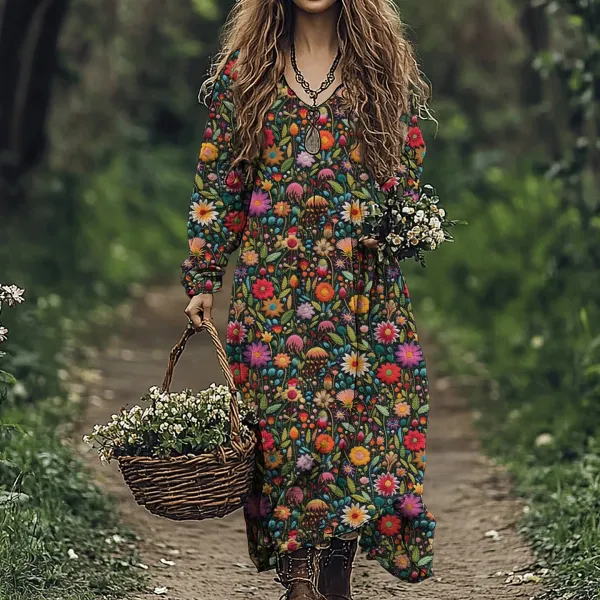 Boho Floral Embroidered Art Linen Blend Maxi Dress