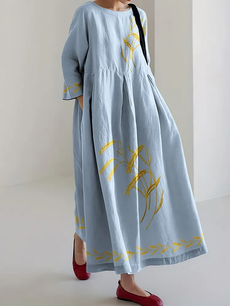 Women's Ukrainian Embroidery Crew Neck Midi Dress