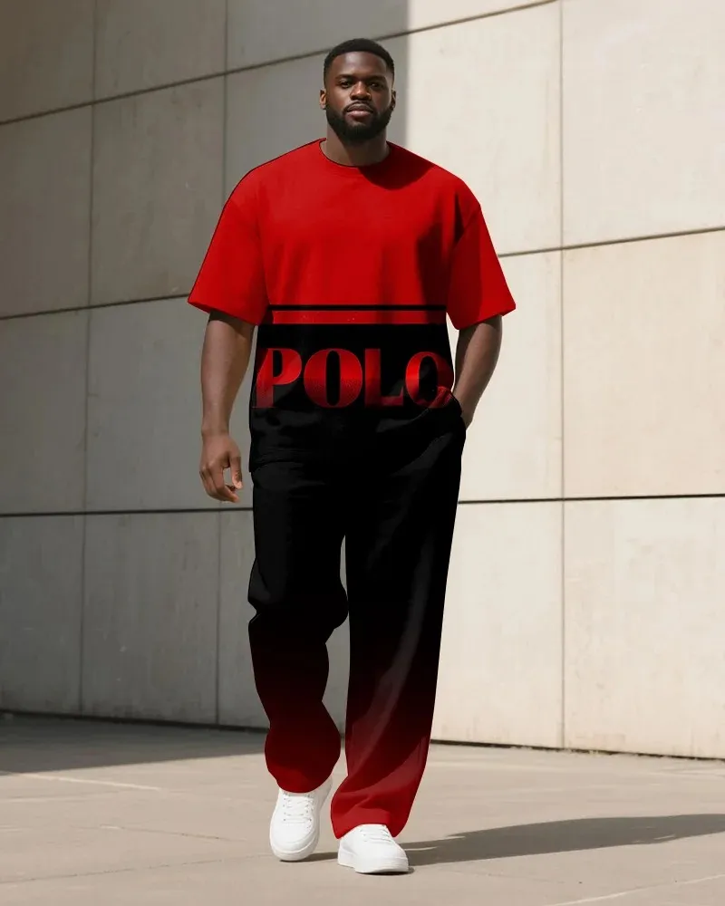 Men'S Plus Size Red And Black Gradient Letter Print T-Shirt Trousers Suit