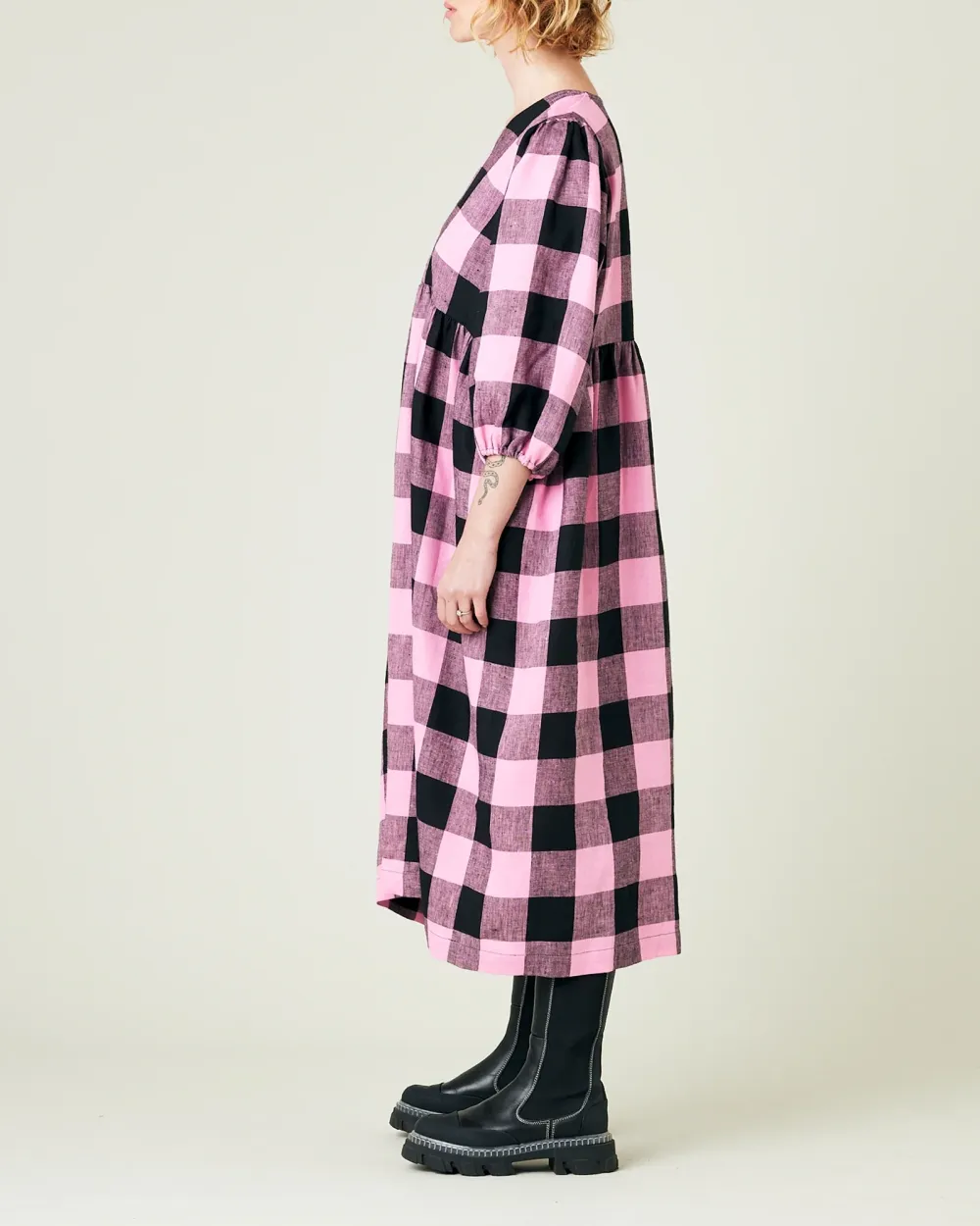PINK & BLACK MEGA CHECK LINEN DRESS