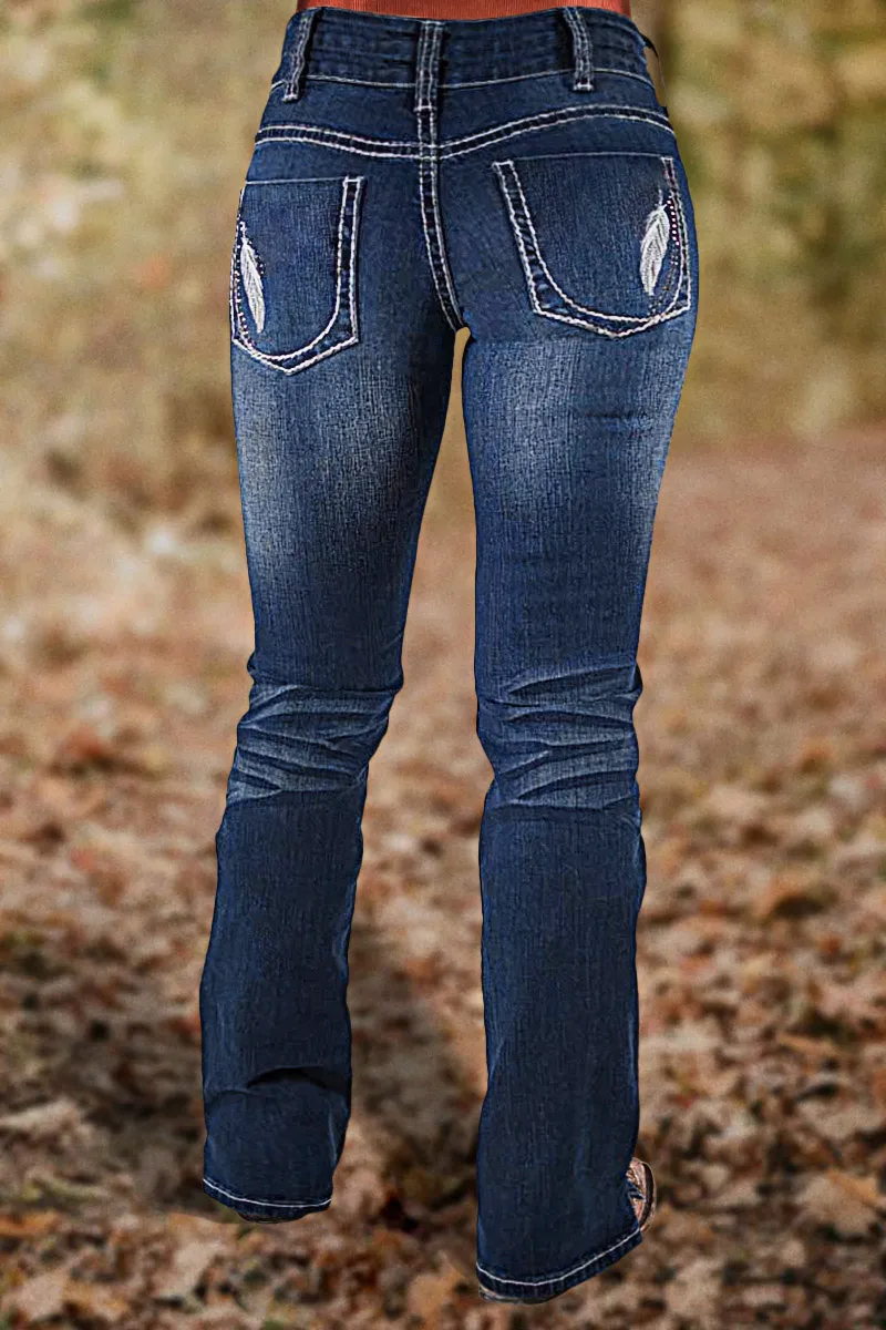 Feather Embroidery Split Hem Mid Waist Bootcut Jeans