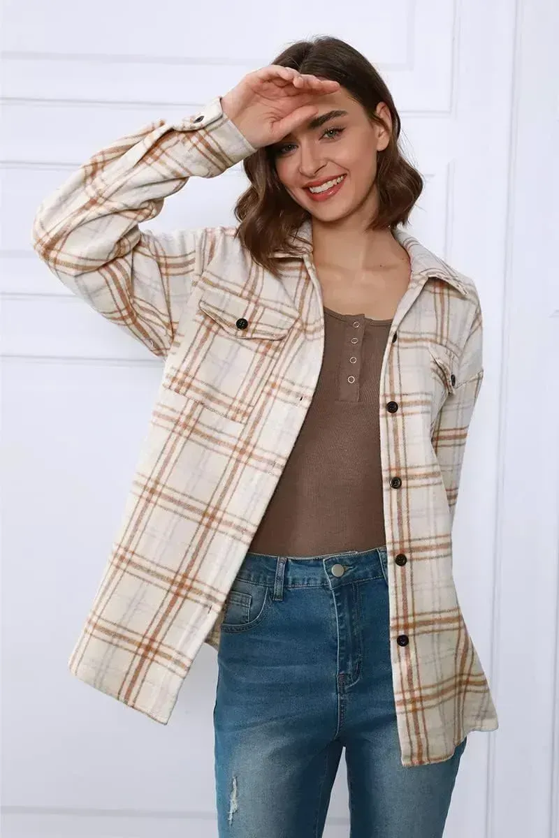 Womens Casual Plaid Shacket Button Down Long Sleeve Shirt