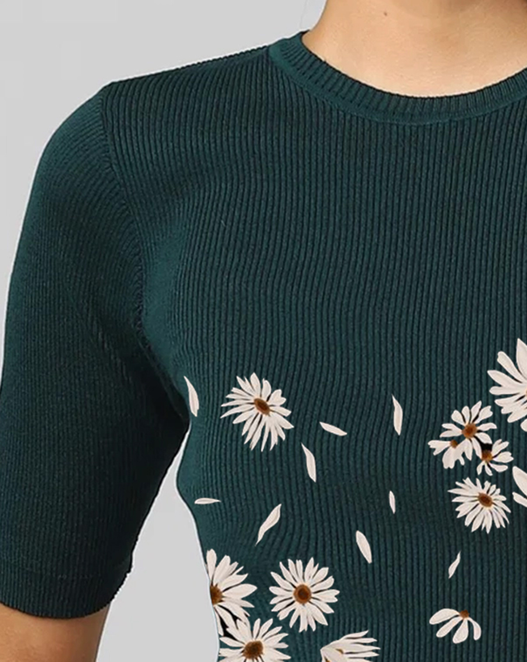 Dark Green Daisy Print Short Sleeve Cropped Top