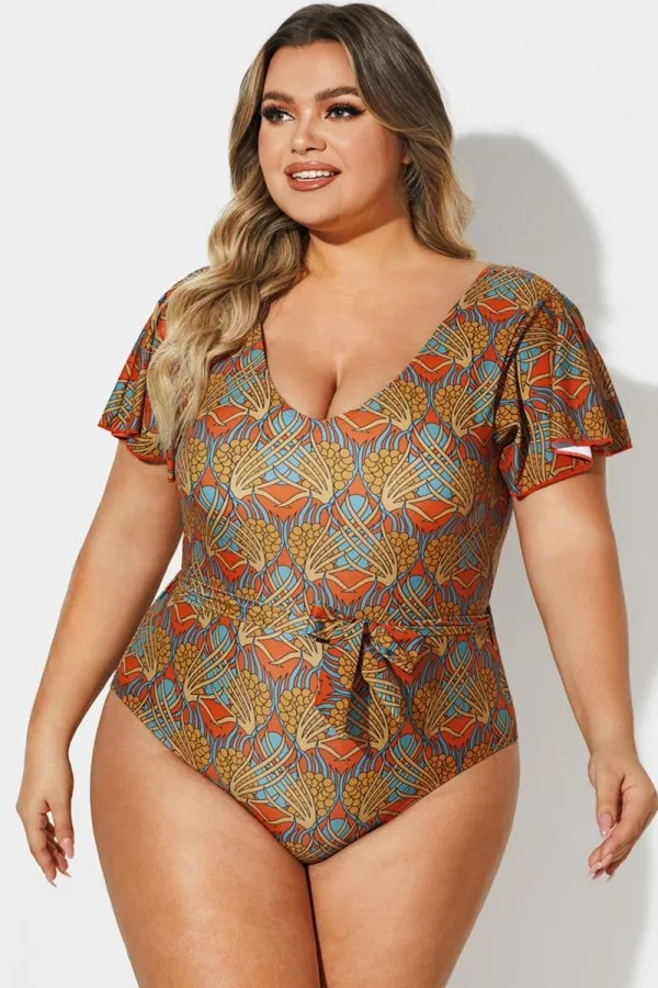 V-Neck Flutter Sleeve Belt One Piece Swimsuit