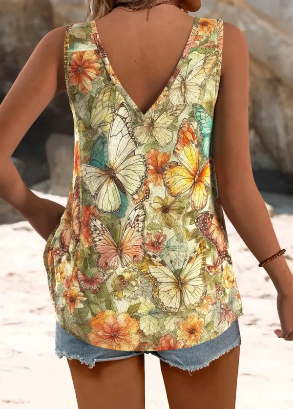 Multi Color Butterfly Print Strappy V Neck Tank Top