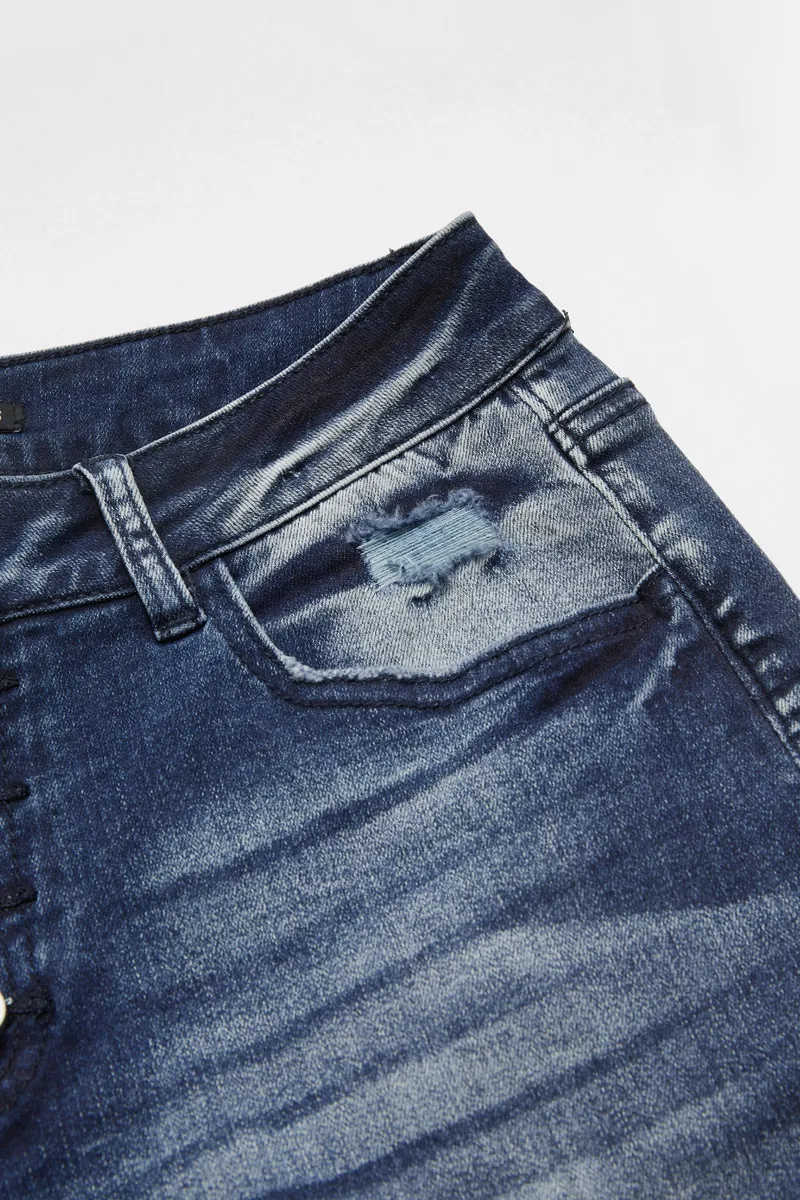 Cut Out Button Fly Roll Hem High Waist Capri Jeans
