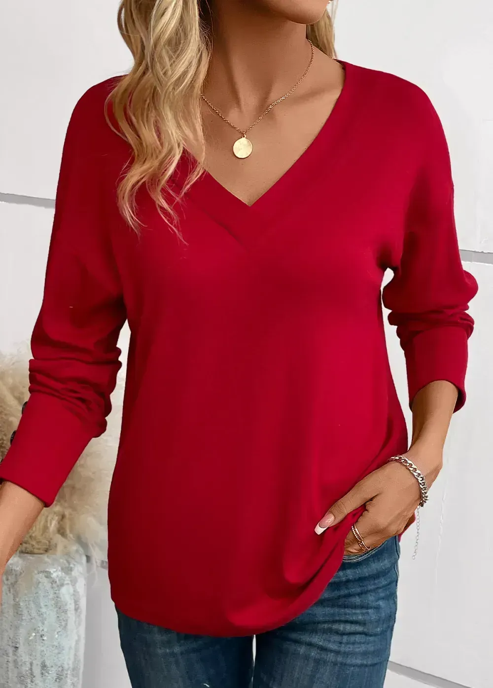 Wine Red Button Long Sleeve V Neck T Shirt