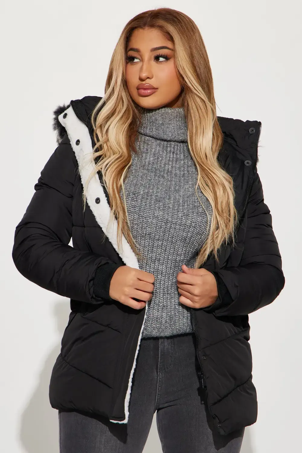Snow Glow Long Puffer Jacket - Black