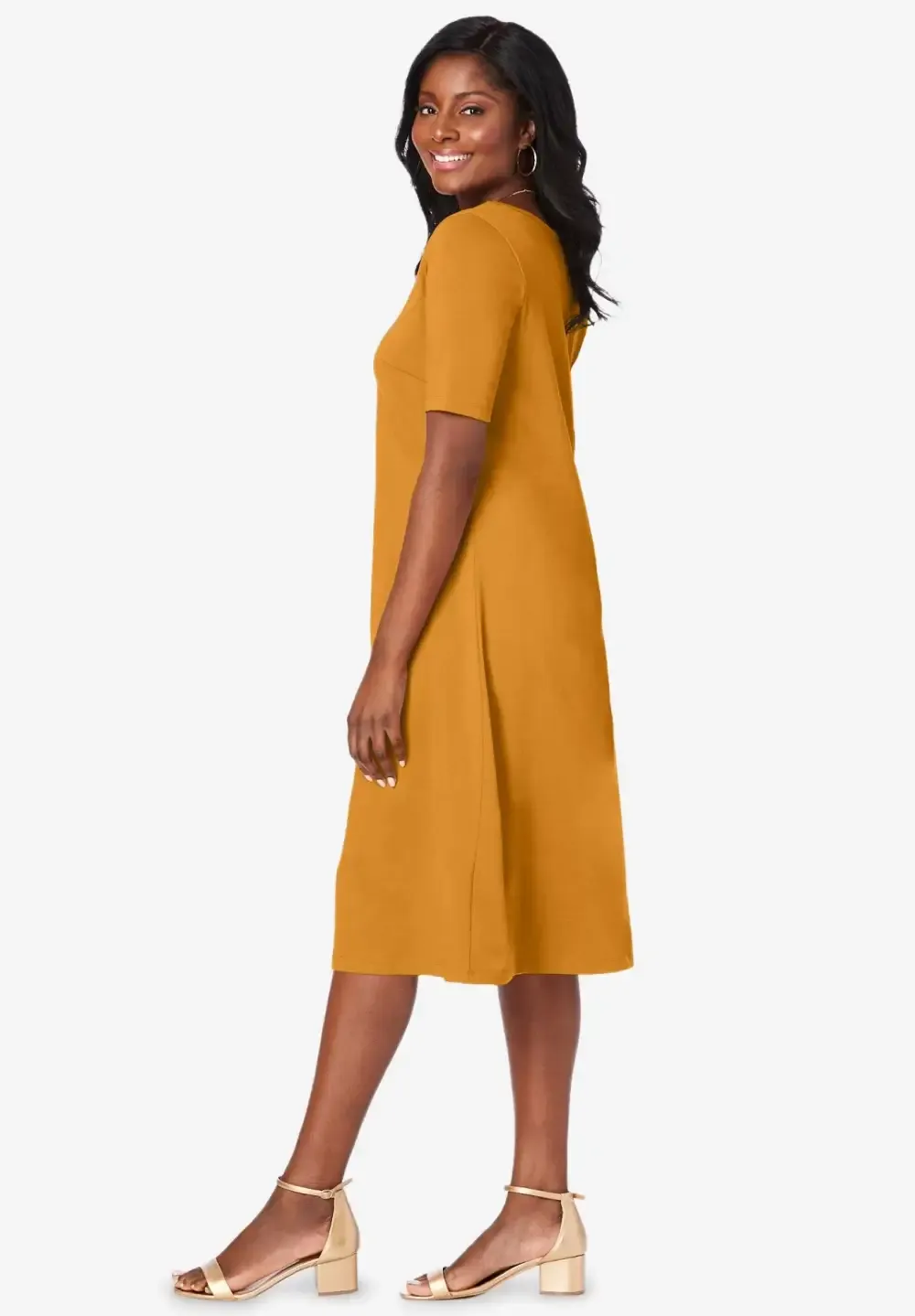 Stretch Cotton Square Neck Midi Dress