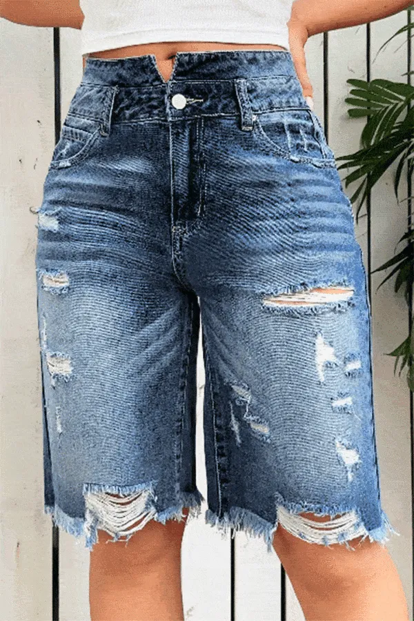 Raw Hem Ripped High Rise Bermuda Denim Shorts