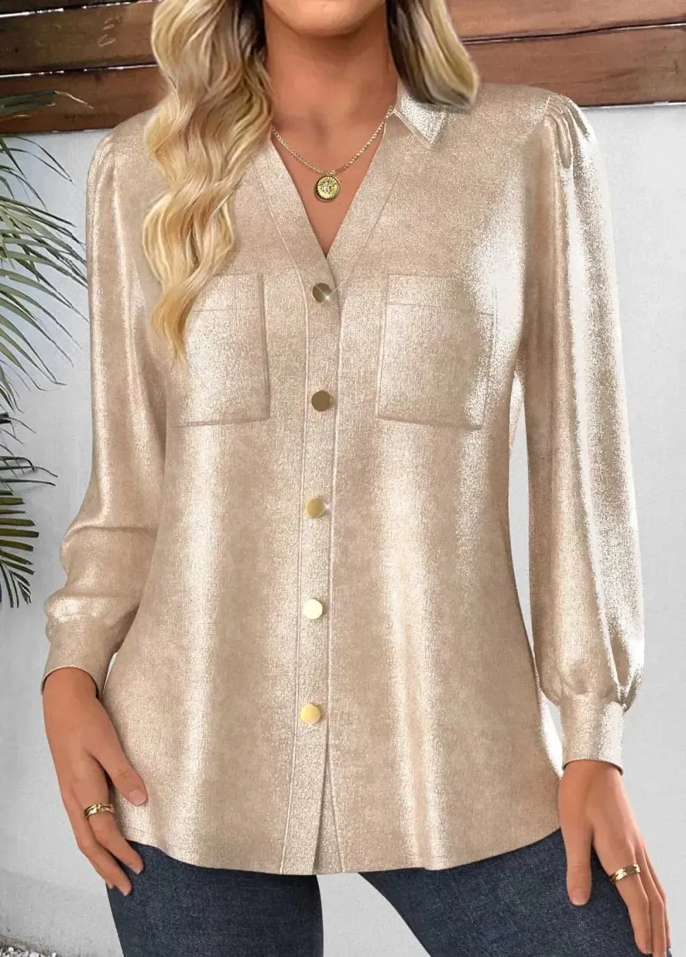 Champagne Button Long Sleeve Tunic Shirt
