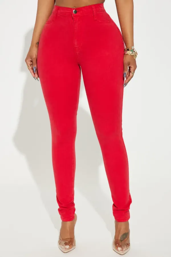 Classic Color High Waist Skinny Jeans - Red