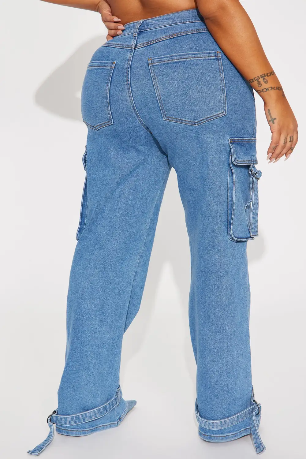 Love Hurts Ankle Strap Cargo Jeans - Medium Blue Wash