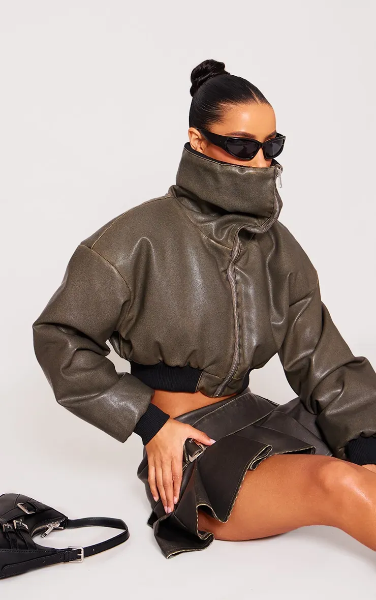 Dark Khaki Faux Leather Washed Cropped Foldover Puffer Jacket