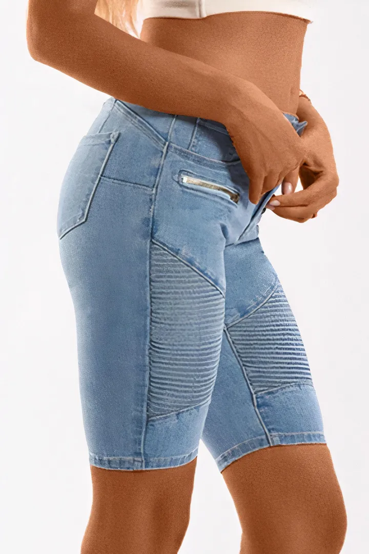 Wash Zip Design Mid Waist Denim Bermuda Shorts