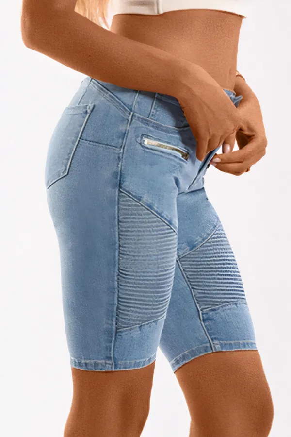 Wash Zip Design Mid Waist Denim Bermuda Shorts