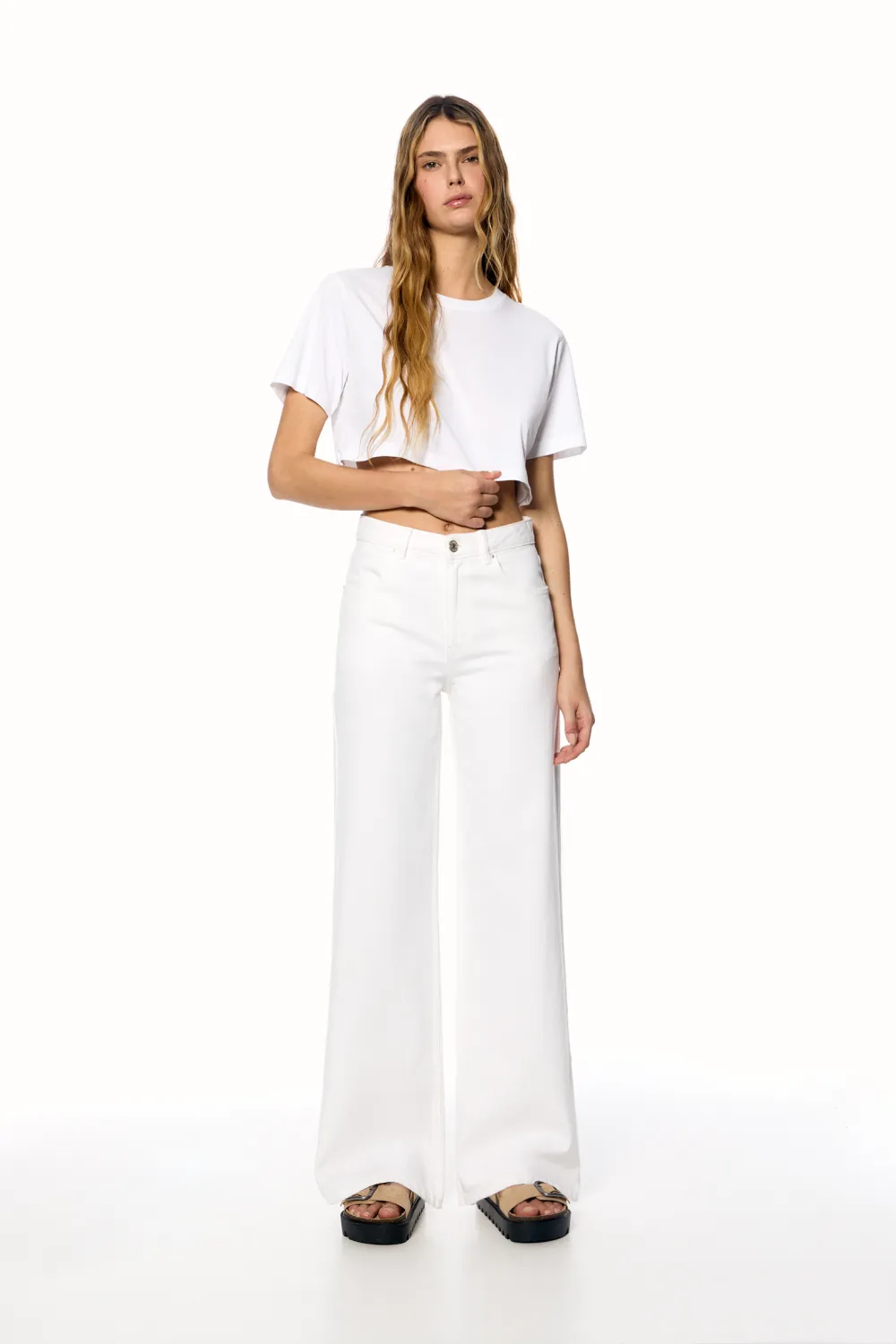 Jeans wide leg tiro alto