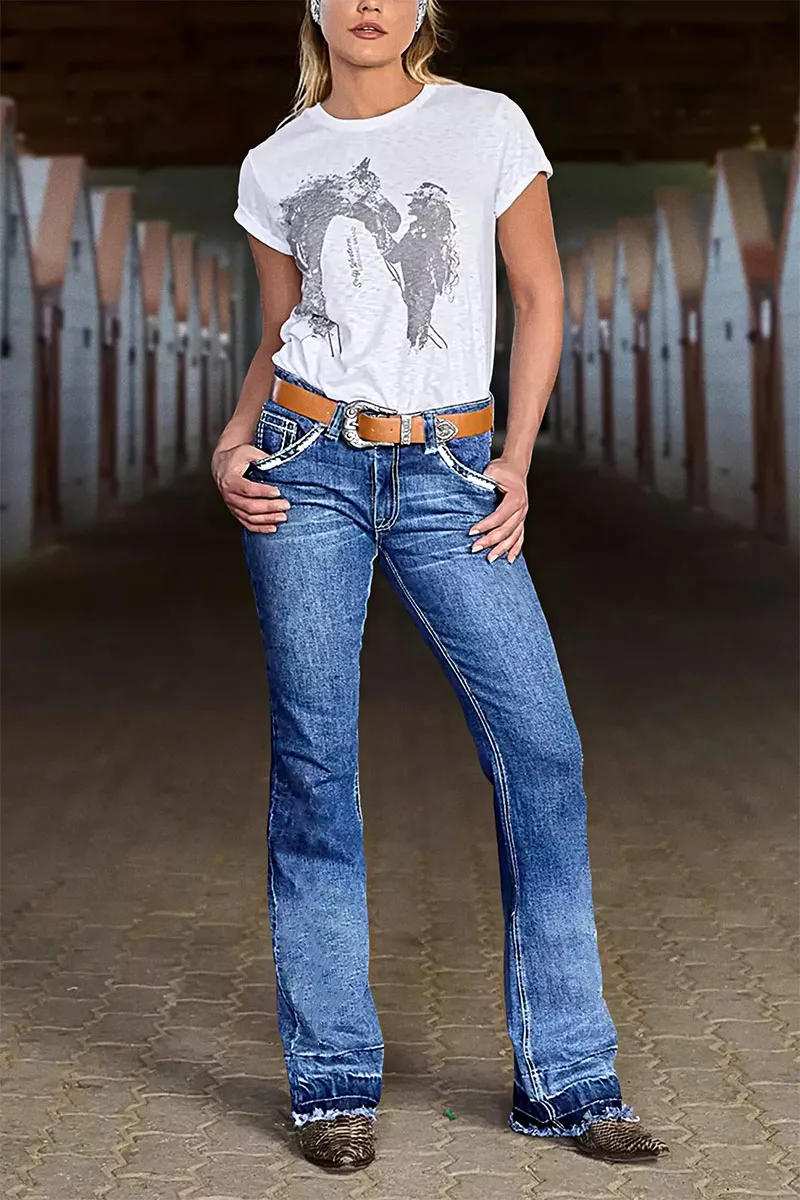 Wash Stitch Detail Raw Hem Mid Rise Bootcut Jeans Without Belt