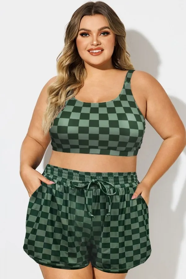 Plus Size Green Check Pinstripe Bikini Top