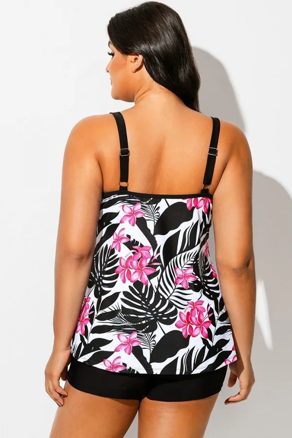 Tropical Print Square Neck Adjustable Strap Tankini Top