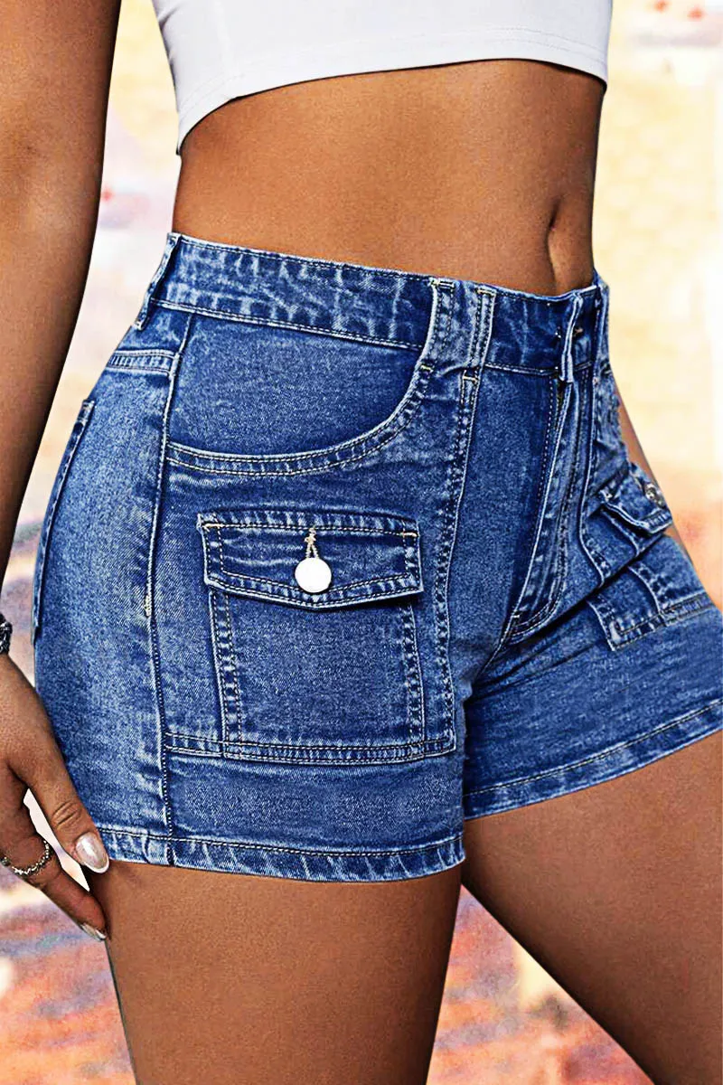Wash Flap Pocket Front Mid Waist Denim Shorts