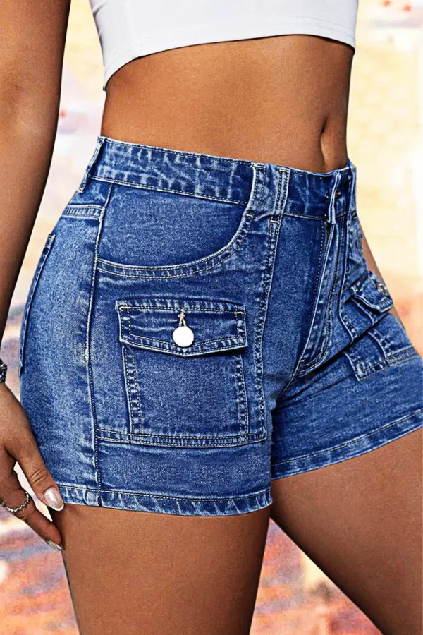Wash Flap Pocket Front Mid Waist Denim Shorts