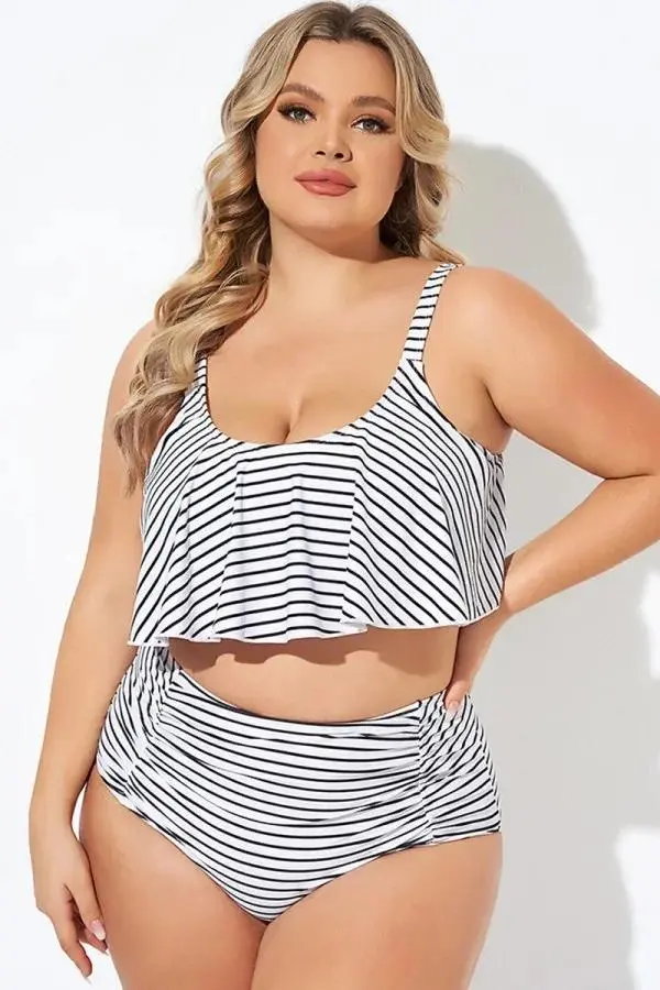 Black and White Stripes Scoop Neck Bikini Top