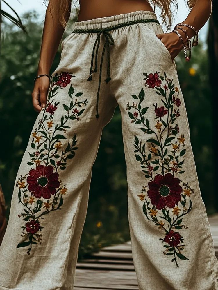 Women's Bohemian Floral Embroidered Casual Pants
