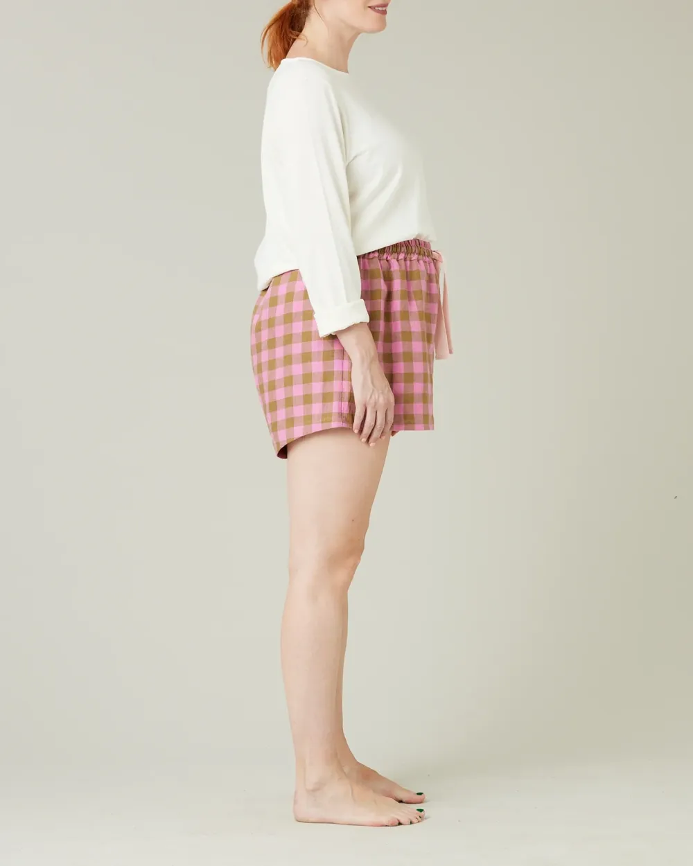 SHORTS PINK & OLIVE CHECK LINEN