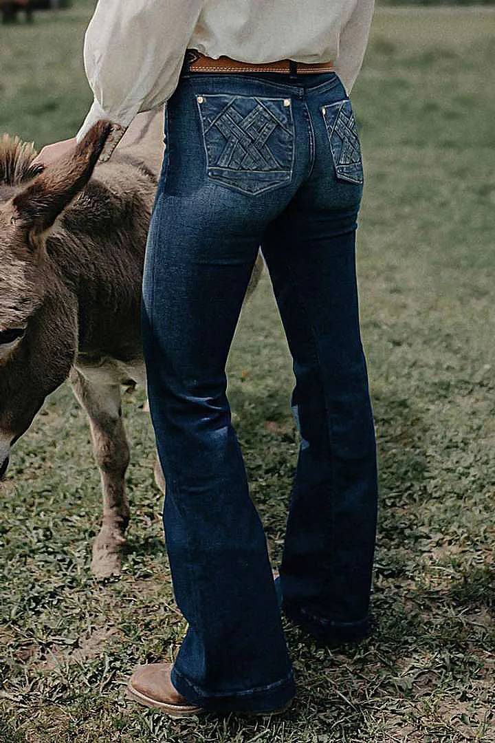 Wash Braided Decor Mid Rise Flare Jeans Without Belt