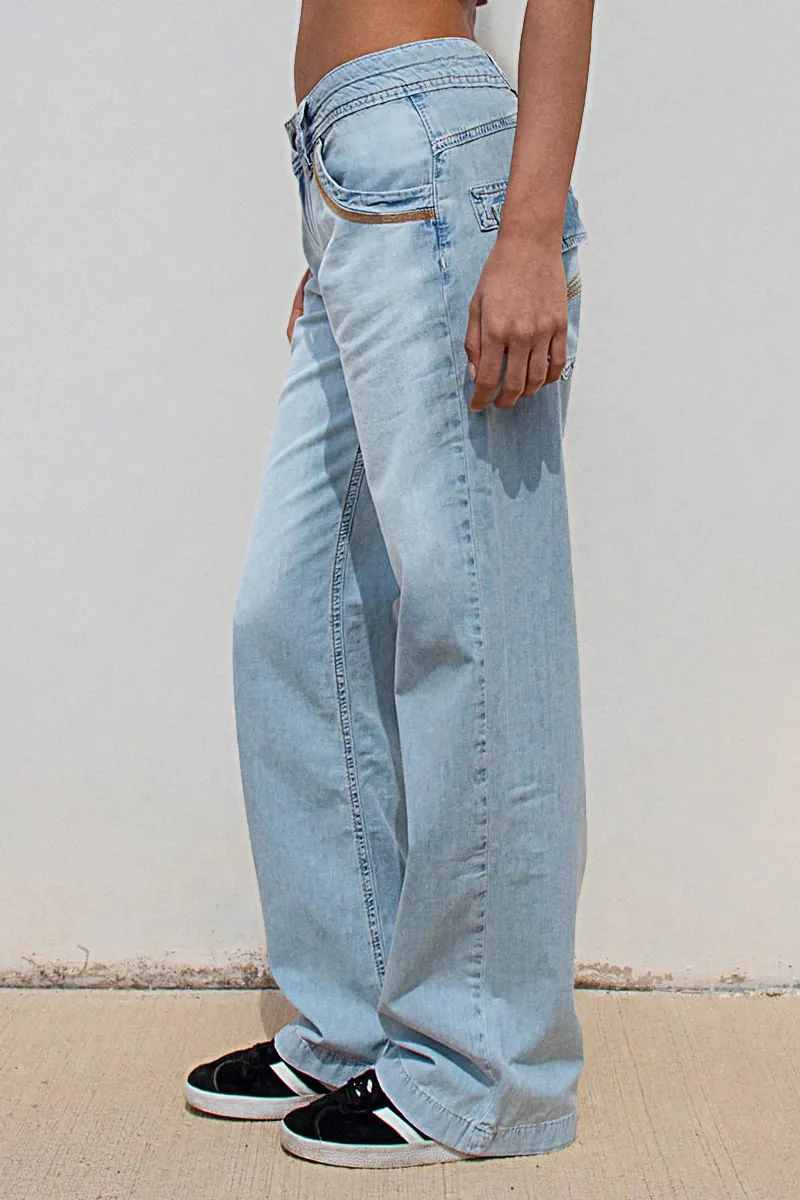 Stitch Detail Stretchy Low Waist Straight Leg Jeans