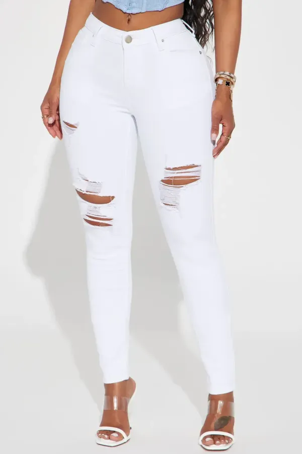 Raven Ripped  Mid Rise Stretch Skinny Jeans - White