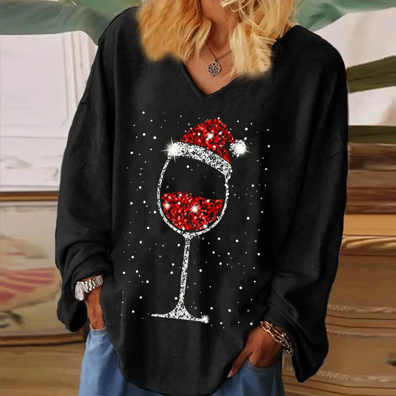 Christmas Hat Wine Glass Printed V-neck Women's T-shirt