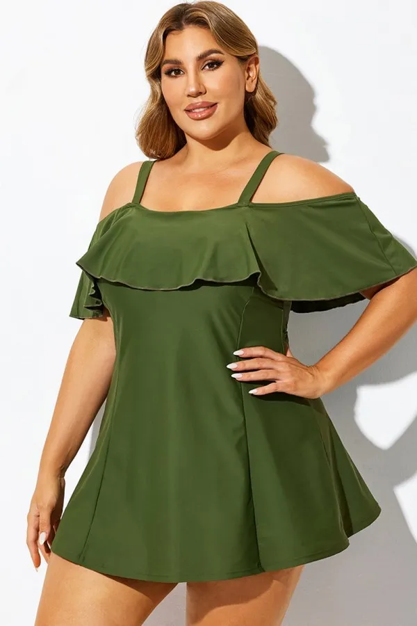 Solid Green Square Neck Off-the-Shoulder Swimdress