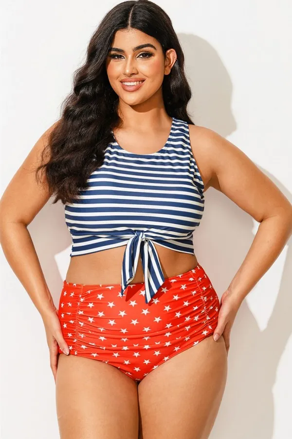 Blue & White Striped Knotted Crop Bikini Top