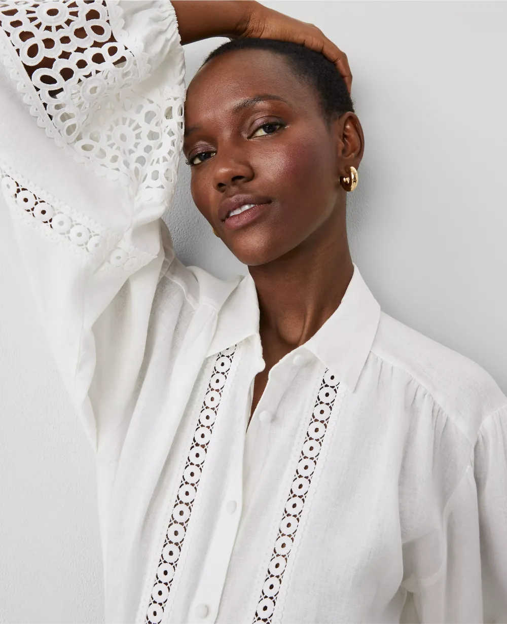 Embroidered Linen-Blend Puff Sleeve Blouse