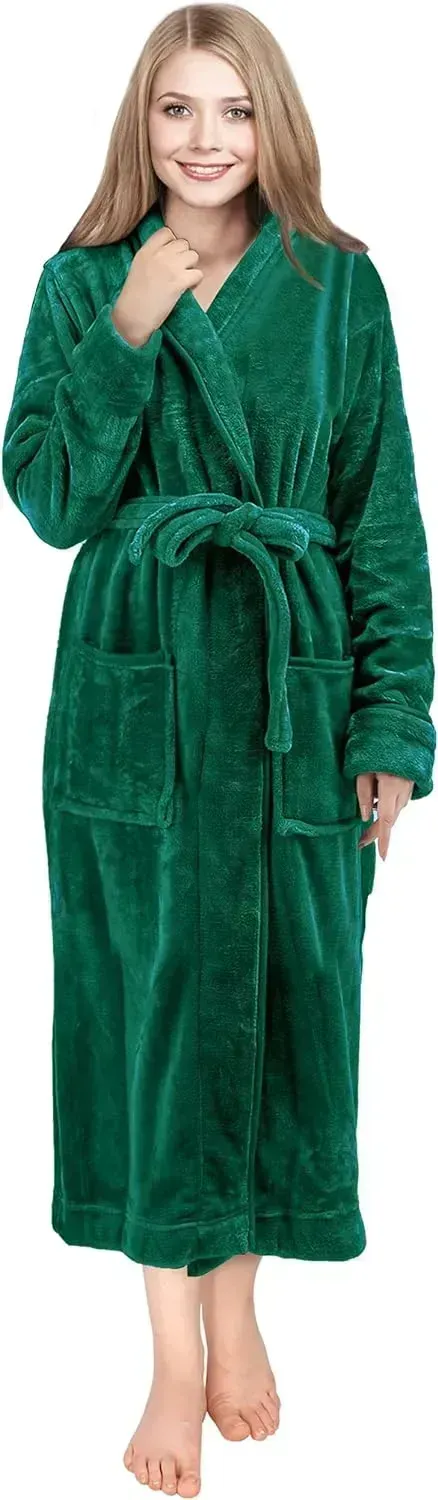 Women Fleece Shawl Collar Bathrobe - Plush Long Robe